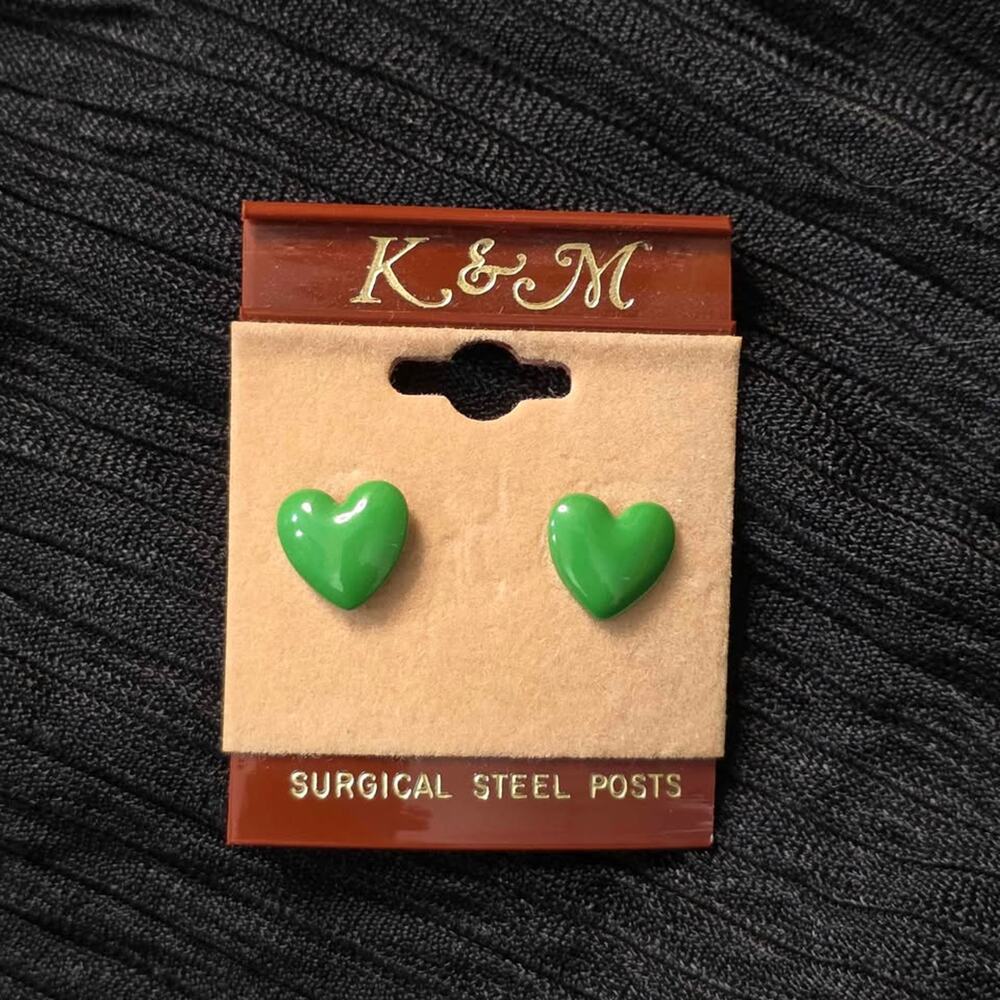 Vintage Green Heart Stud Earrings Y2K Surgical Steel Posts Minimalist Jewelry